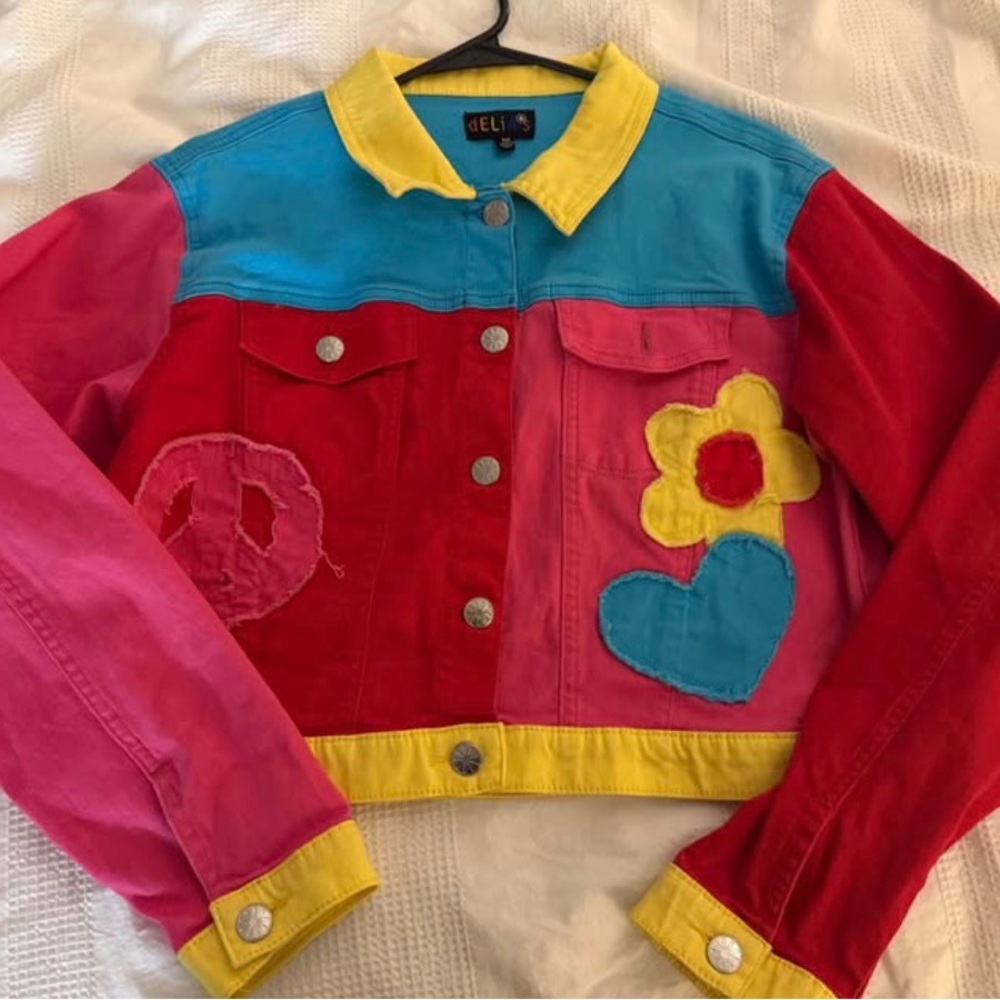 dELiA*s Multicolor Patchwork Denim Jacket in Yellow, Turquoise, Red, Pink